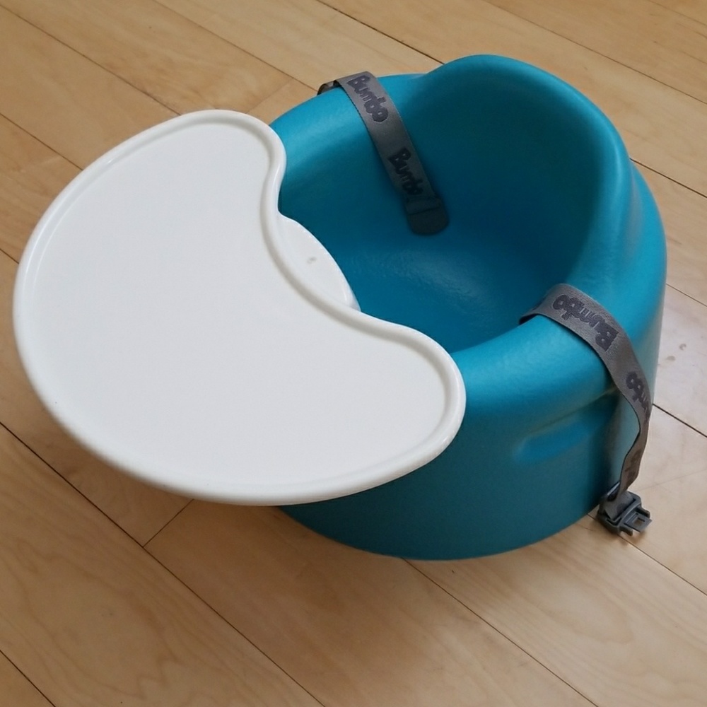 Blue bumbo seat with tray